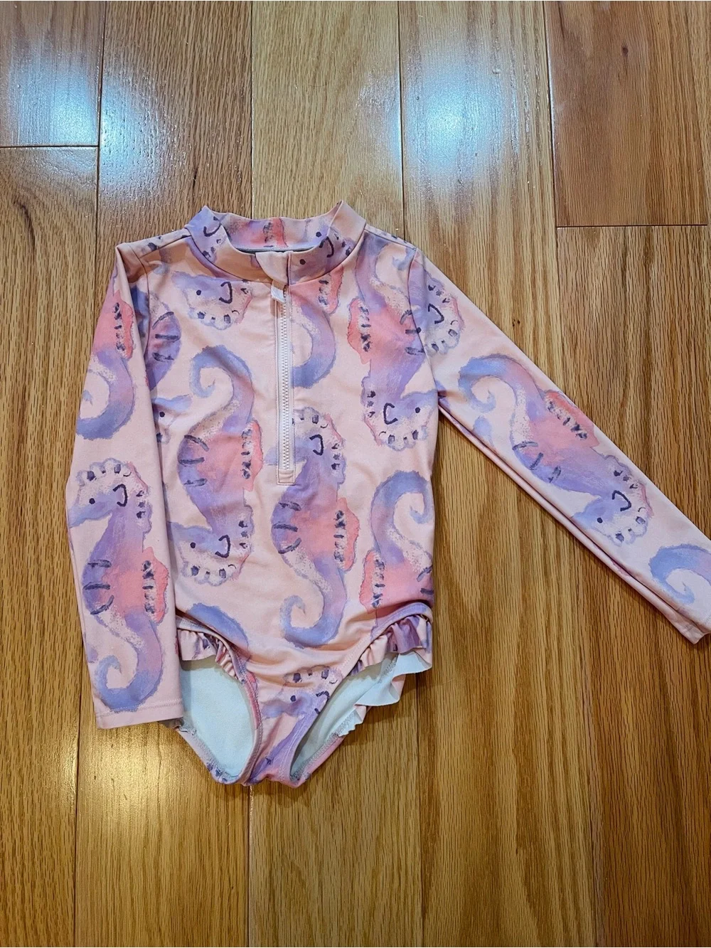 Girls' Long-Sleeve Pink Seahorse Rashguard Swimsuit